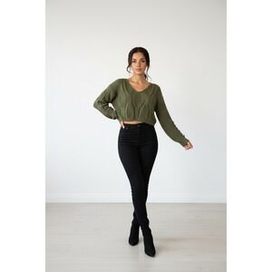 Womens Olive Green Cable Knit Cropped V-Neck Sweater Lace Up Back Boho Punk Soft